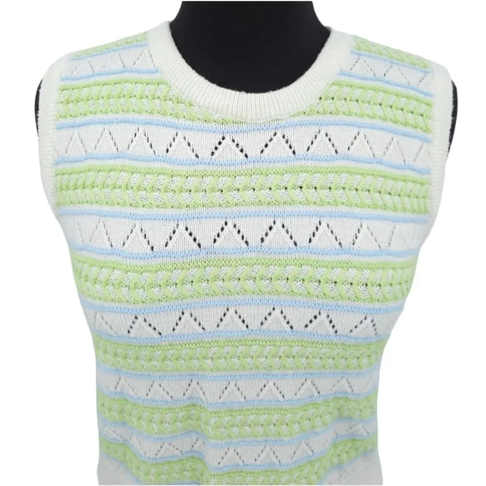 VTG 60s Wintuk Green Blue Stripe Sleeveless Knit Top Cardigan Twin Set Size S - Picture 6 of 9